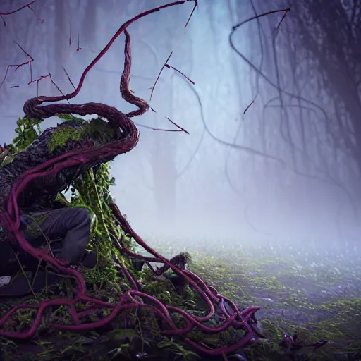 Prompt: an evil druid man attacking with vines and thorns, art by emmanuel shiu, earth moss poison, substance 3 d painter, pbr textures, physical based rendering, cinematic, hyper realism, high detail, octane render, unreal engine, 8 k, vibrant colors, smooth gradients, high contrast, depth of field, aperture f 2. 8