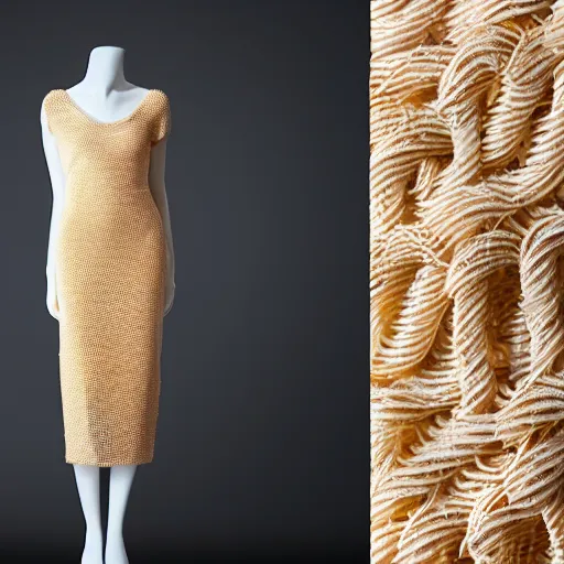 Image similar to a beautiful dress made out of noodles, on a mannequin. high quality, high resolution, studio lighting