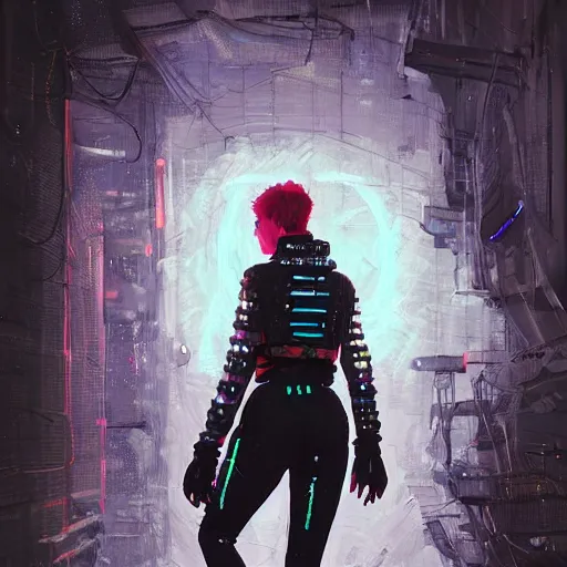 Prompt: skill magic deepdream guard girl cyberpunk futuristic, reflective puffer jacket, black leggings from the back radiating a glowing aura by ismail inceoglu dragan bibin hans thoma, perfect face, fine details, realistic shaded, fine - face, pretty face