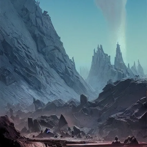 Image similar to view from a wasteland plain of a jagged mountain with a black arcology driven like a spear into the glacier, rust-colored waterfalls pouring from its upper balconies, blue radiation glow beneath, science fiction concept art by Greg Rutkowski and Moebius and Beksinski and Le Corbusier