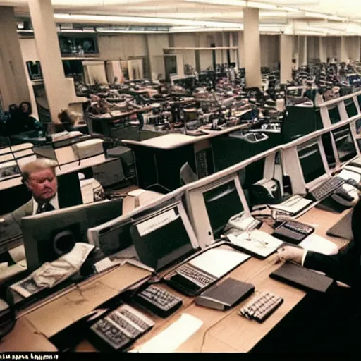 Image similar to candid color photo of Donald Trump nervously sitting at an enormous bank of very complicated, 1970's looking computers trying to blend in to avoid the fbi officers searching for him