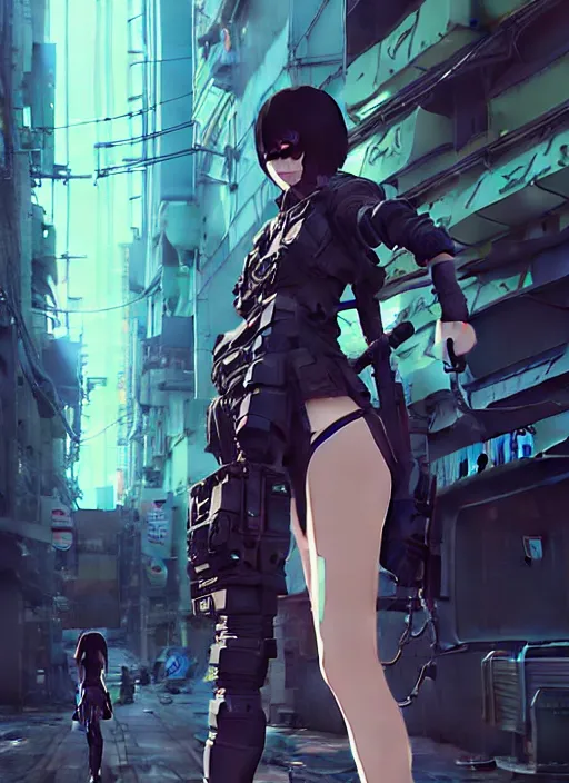 Image similar to hyper - realistic cyberpunk anime girl standing on tokyo street, extreme detail, alluring, in style of yoji shinkawa, pan ren wei, col price, atey ghailan, by greg rutkowski, by greg tocchini, by james gilleard, by joe fenton, by kaethe butcher, grunge aesthetic