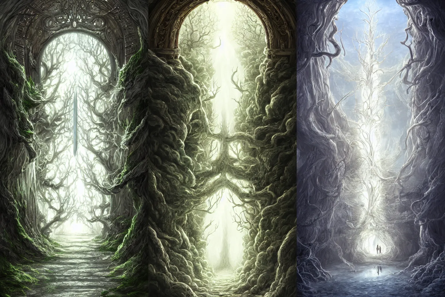 Prompt: The gate to the eternal kingdom of the giant white tree, fantasy, digital art, HD, detailed.