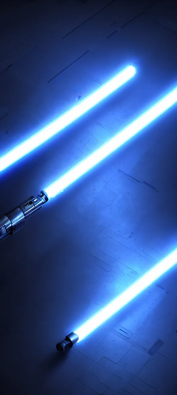 Image similar to detailed cinematic render, of a blue cyberpunk lightsaber lying vertically, in a dark room, photo from above, octane render 8 k, digital art, lightsaber wallpaper 4 k, ray tracing, jedi fallen order lightsaber wallpaper 4 k, cal kestis lightsaber wallpaper