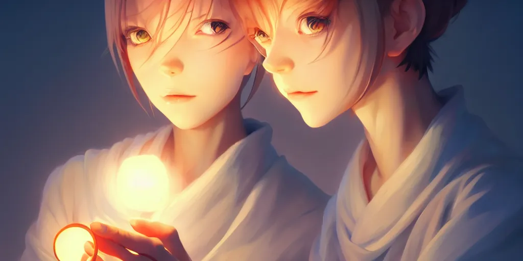 Image similar to a beautiful nordic anime woman holding a light source inside her hands, expert high detail concept art, character design, perfect proportions defined faces, vivid colors, photorealistic shaded lighting poster ilya kuvshinov, katsuhiro, makoto shinkai, wlop, loish and clamp style, trending on artstation, best selling artist