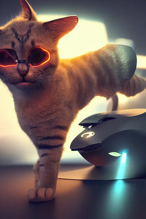 Prompt: cat with a computer mouse in its mouth. cinematic, cyberpunk, digital art, blender, octane render, volumetric lighting, 8 k, detailed, trending on artstation