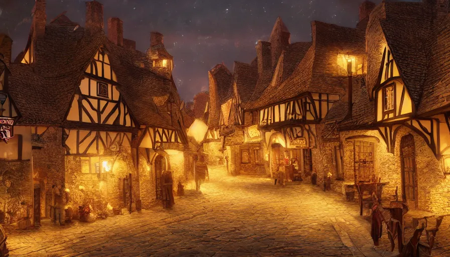 Prompt: Old English medieval village with taverns and restaurants at night paint by Nik Ainley and David Mcleod, hyperdetailed, artstation, cgsociety, 8k