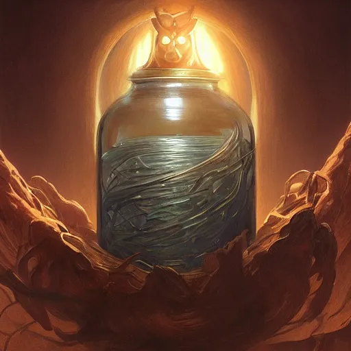 Image similar to man, a soul jar hanging from he's neck portrait, backlight, rim lighting, deep focus, d & d, fantasy, intricate, elegant, highly detailed, digital painting, artstation, concept art, matte, centered, sharp focus, illustration, hearthstone, art by artgerm, greg rutkowski and alphonse mucha