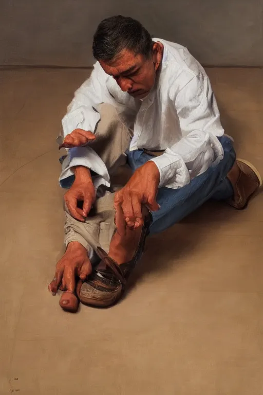 Image similar to george castaneda stabbing his toe, oil on canvas, intricate, portrait, 8 k highly professionally detailed, hdr, cgsociety