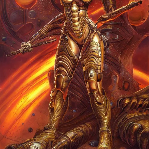 Prompt: female cyborg, hyper detailed, aesthetic, fantasy background. in the style of boris vallejo, karol bak and alain aslan