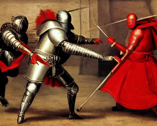 Prompt: 15th century medieval knight fighting against a red demon, 4K