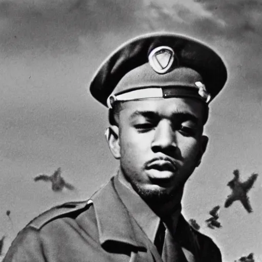 Image similar to 1 9 4 0 s vintage monochrome photograph of kendrick lamar wearing a us army uniform on omaha beach, 8 k, very detailed, very intricate,