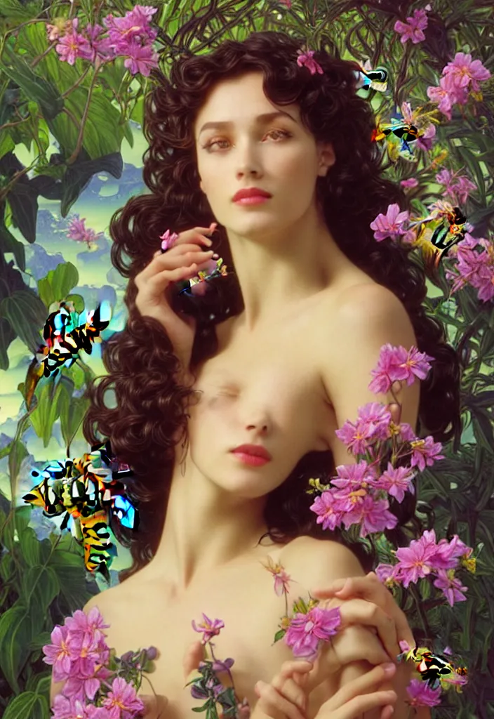 Prompt: young beautiful woman, handsome man, eve and adam in the garden of eden, gorgeous face, vaporwave aesthetic, synthwave, colorful, psychedelic, artstation, flowers, bees, smooth, extremely sharp detail, finely tuned detail, 8 k, unreal engine 5, ultra sharp focus, illustration, art by artgerm and greg rutkowski and alphonse mucha