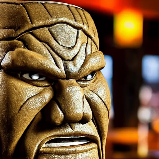 Image similar to a closeup photorealistic photograph of ben grimm's face on a tiki mug at trader vic's beach bar. fantastic four. tiki culture. bright scene. fine detail. this 4 k hd image is trending on artstation, featured on behance, well - rendered, extra crisp, features intricate detail, epic composition and the style of unreal engine.