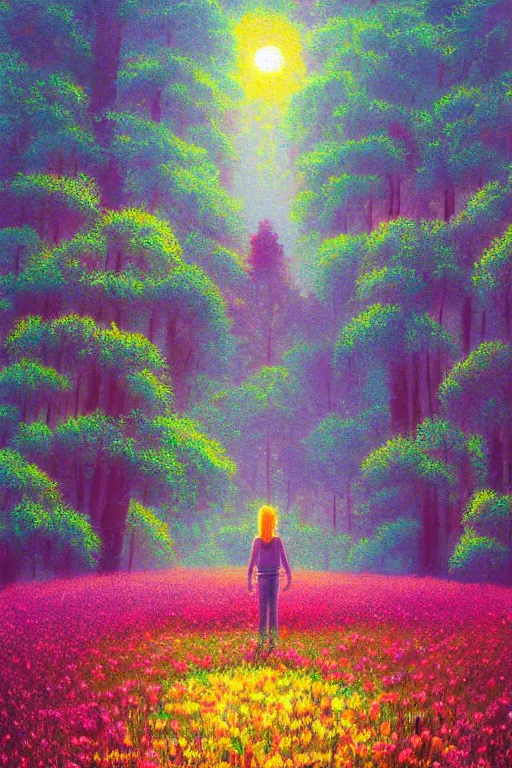 Prompt: flower growing out of girl, standing in a flower field, big trees, sunrise dramatic light, impressionist painting, colorful clouds, digital painting, pointillism, artstation, simon stalenhag