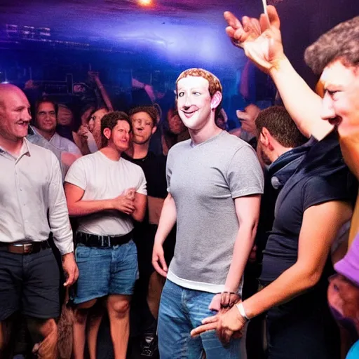 Image similar to mark zuckerberg standing straight in the middle of a club, people are dancing around him, there are toilet seats next to him, very detailed, hyper realistic.