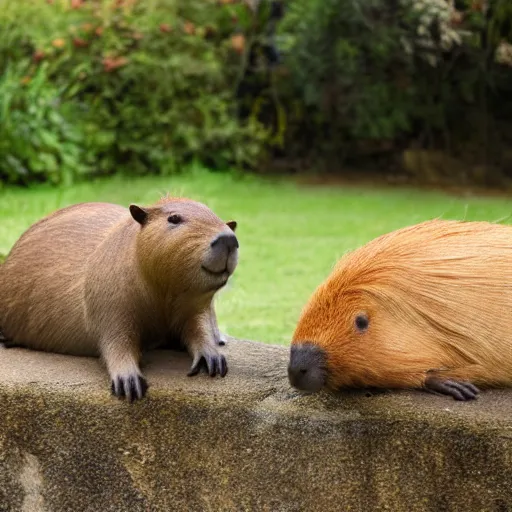 Prompt: a Capybara relaxing with a cat, photograph