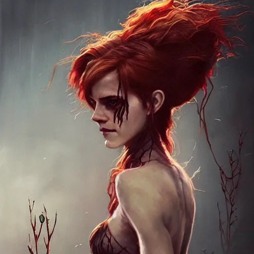 Image similar to emma watson as poison ivy. dark colors. menacing. haunting. frightening. trending on artstation. award winning. artgem. greg rutkowski. beksinski. extremely detailed. 4 k