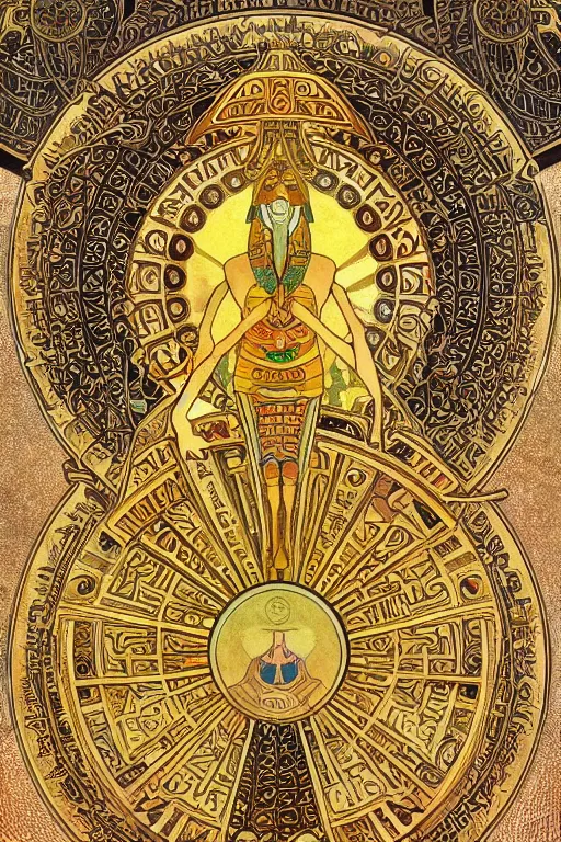 Image similar to thoth, egyptian god, gold jewelry, flower of life, sacred geometry, by Alphonse Mucha, rule of thirds, super detailed, 8k