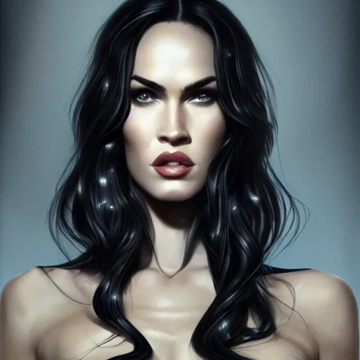 Image similar to portrait of megan fox in black business suit, fantasy, intricate, elegant, highly detailed, digital painting, artstation, concept art, matte, sharp focus, perfect face symmetry, illustration, art by aenaluck and roberto ferri and greg rutkowski, epic fantasy, digital painting