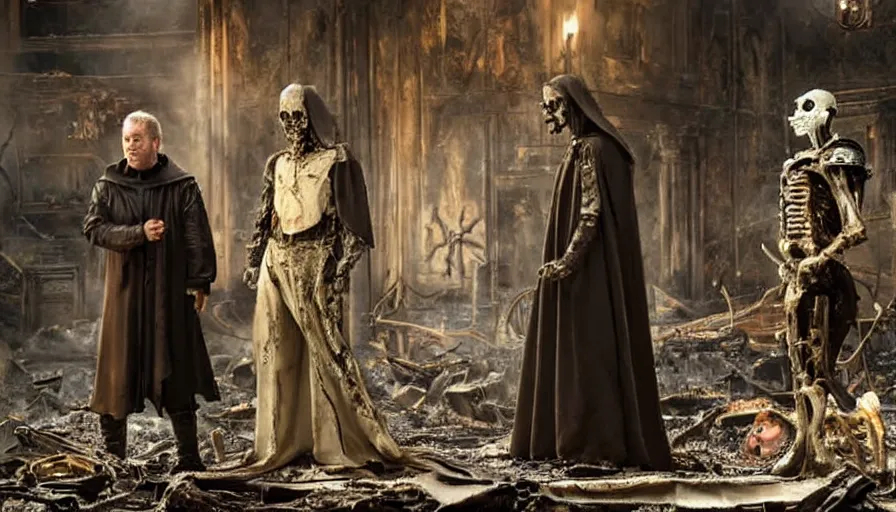 Prompt: Movie by Ridley Scott about a lavishly dressed necromancer priest and a cyborg zombie stand outside a burnt down 16th century alchemist lab