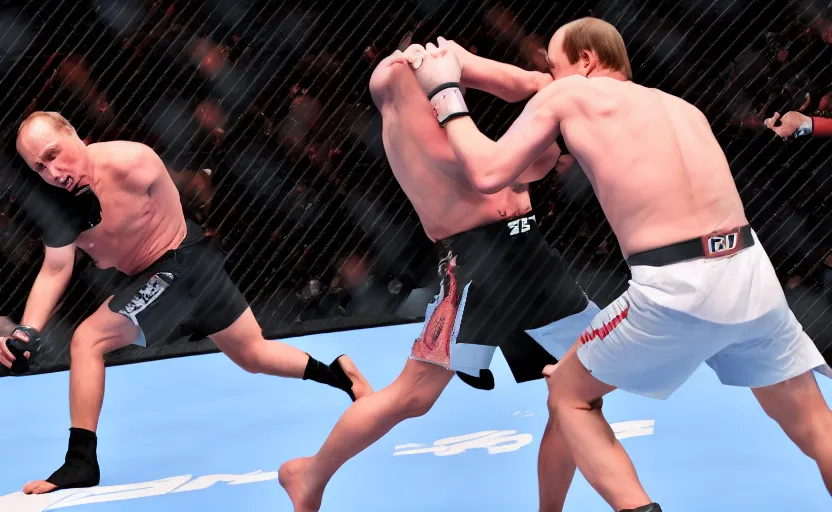 Image similar to Elon musk fighting Vladimir Putin in the MMA octagon, cinematic shot