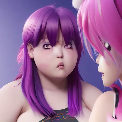 Image similar to morbidly obsese anime girl, anime girl with purple hair, kawaii girl, absurdly fat girl, 1, 2 0 0 pound girl, octane render, 2 0 1 9 anime