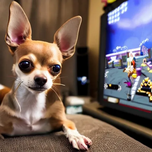 Prompt: a chihuahua playing video games