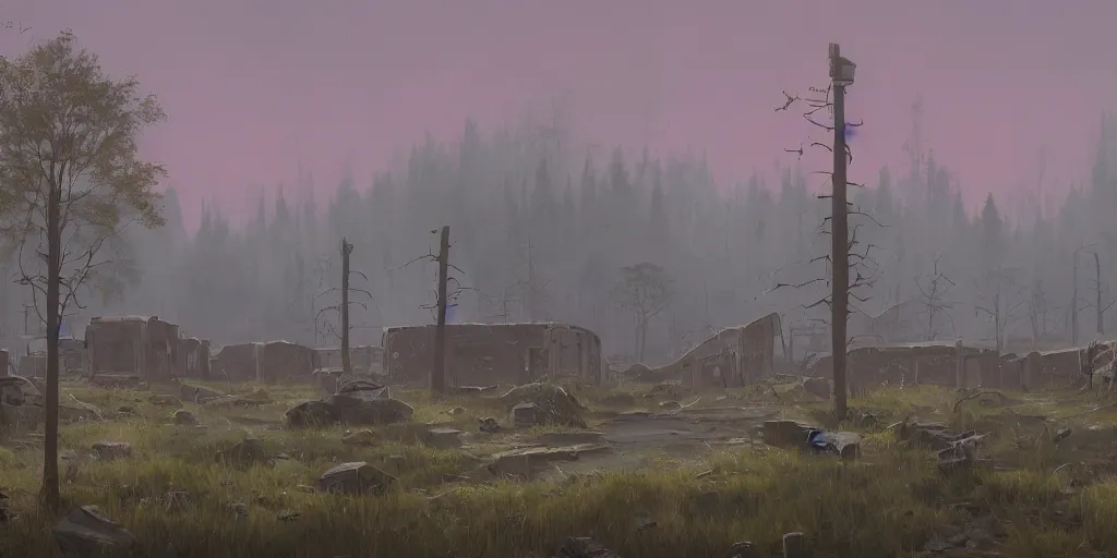 Image similar to abandoned civilisation at morning, landscape painted by simon stalenhag