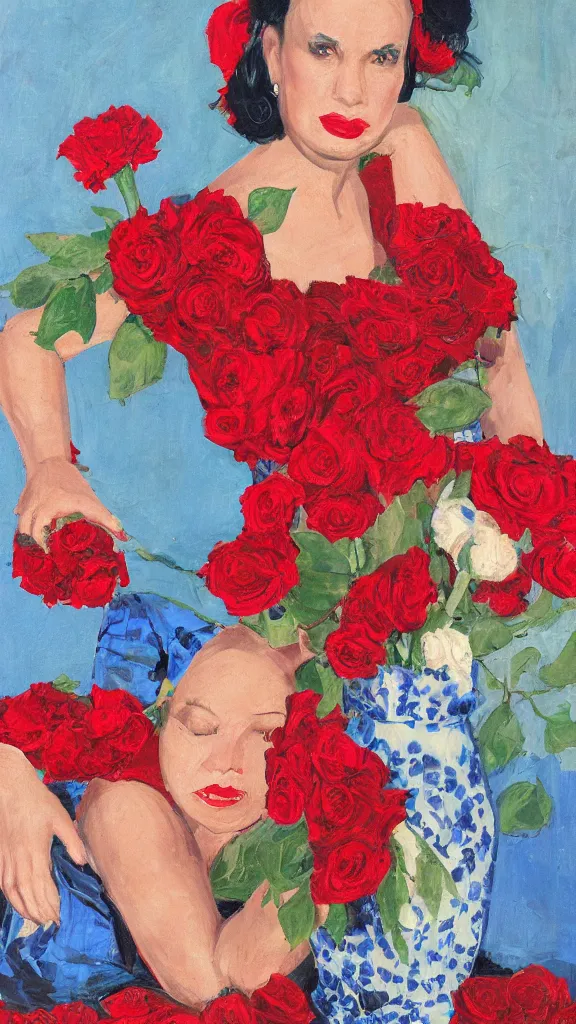 Image similar to portrait of rebekah delrio in lynch pattern dress beside of a big persian detailed pot of red roses, blue and red lights, mulholland drive, painted by egon sheile