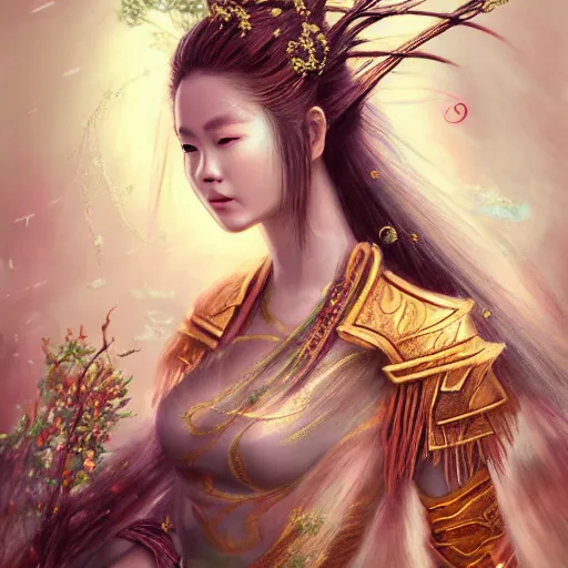 Image similar to beautiful ancient fantasy portrait of wuxia armor heroine, wearing Xian Xia wardrobe, in forbidden City, hybrid from Dynasty Warriror, flowers sea rainning everywhere, intricate, very very beautiful, elegant, highly detailed, digital painting, beautiful glowing galaxy eyes, human anatomy, hyperrealistic, soft light, dynamic, artbreeder, artstation, fantasy concept art, smooth, sharp focus, illustration, art by alphonse mucha and tian zi and WLOP