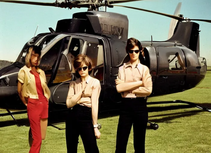 Prompt: color photo. a cool handsome photomodel standingwith hos arm crossed in the 8 0's. girls on both sides. helicopter in the background