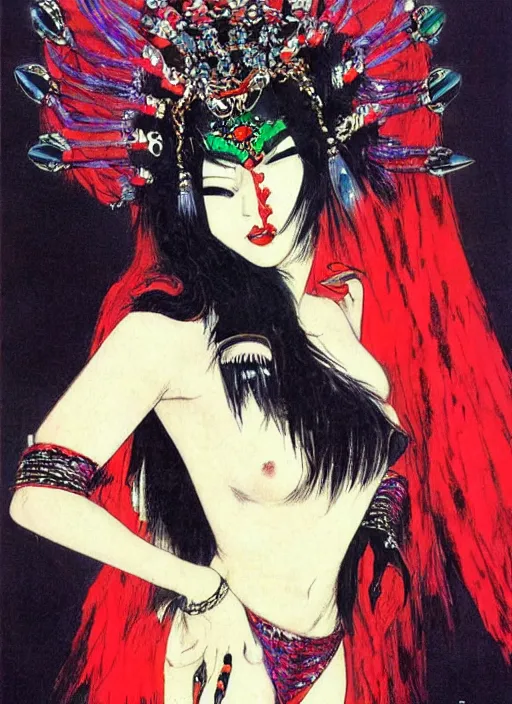 Image similar to junoesque female korean vampiress, jeweled headdress, heavy mascara, strong line, saturated color, beautiful! coherent! by frank frazetta, high contrast, minimalism