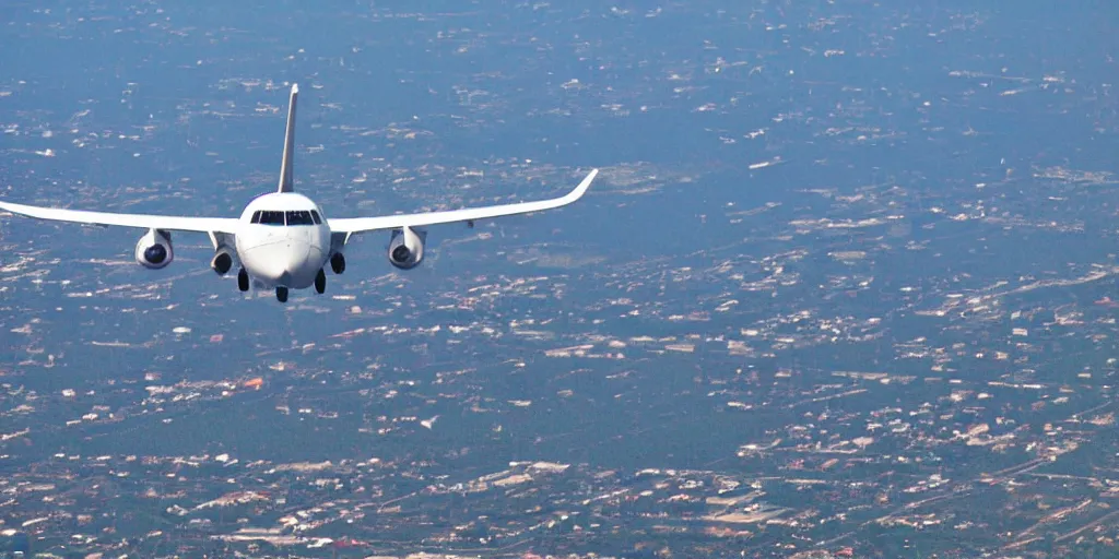 Prompt: airplane facing camera, telephoto zoom,