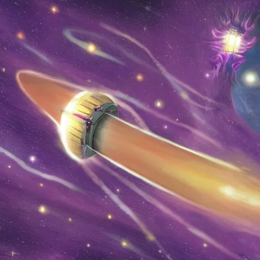 Prompt: spelljammer ship floating in space, purple