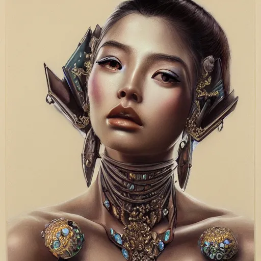 Image similar to Beautiful detailed portrait of an exotic goddess by Nick Silva, Shin JeongHo, Wandah Kurniawan, Symmetrical composition with people centered, realistic proportions, trending on artstation