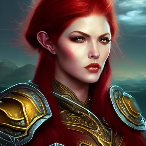 Image similar to a portrait of a very beautiful woman in armor warcraft style armor. red hair, bored, illustration, soft lighting, soft details, painting oil on canvas by mark arian by artgerm, trending on artstation, 4k, 8k, HD