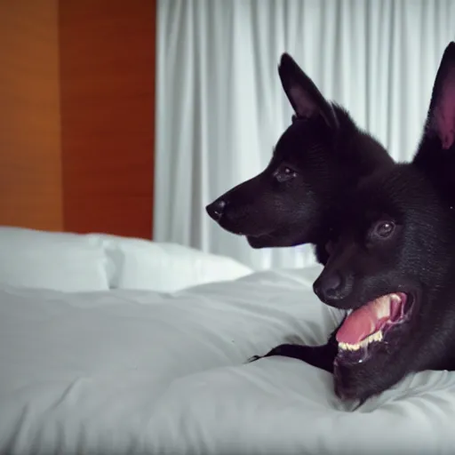 Image similar to in my bedroom my gsd puppy gets the'zoomies'and jumps around on the bed and color comforter. high energy, frenetic craziness, running, jumping, and chasing. cg animation, 3 d octane render, imax 7 0 mm, rtx