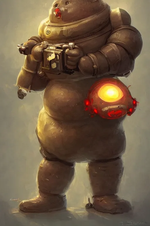 Prompt: cute fat robot with a electric machine gun, tiny, small, miniature , short, red lights, screen face, angry and adorable, fatty, DnD character art portrait, matte fantasy painting, DeviantArt Artstation, by Jason Felix by Steve Argyle by Tyler Jacobson by Peter Mohrbacher, cinematic lighting