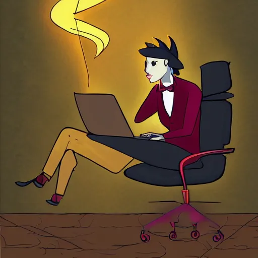 Prompt: a demon programmer gentleman ~ using a laptop ~ lava background ~ digital art ~ two horns ~ sitting on a chair ~