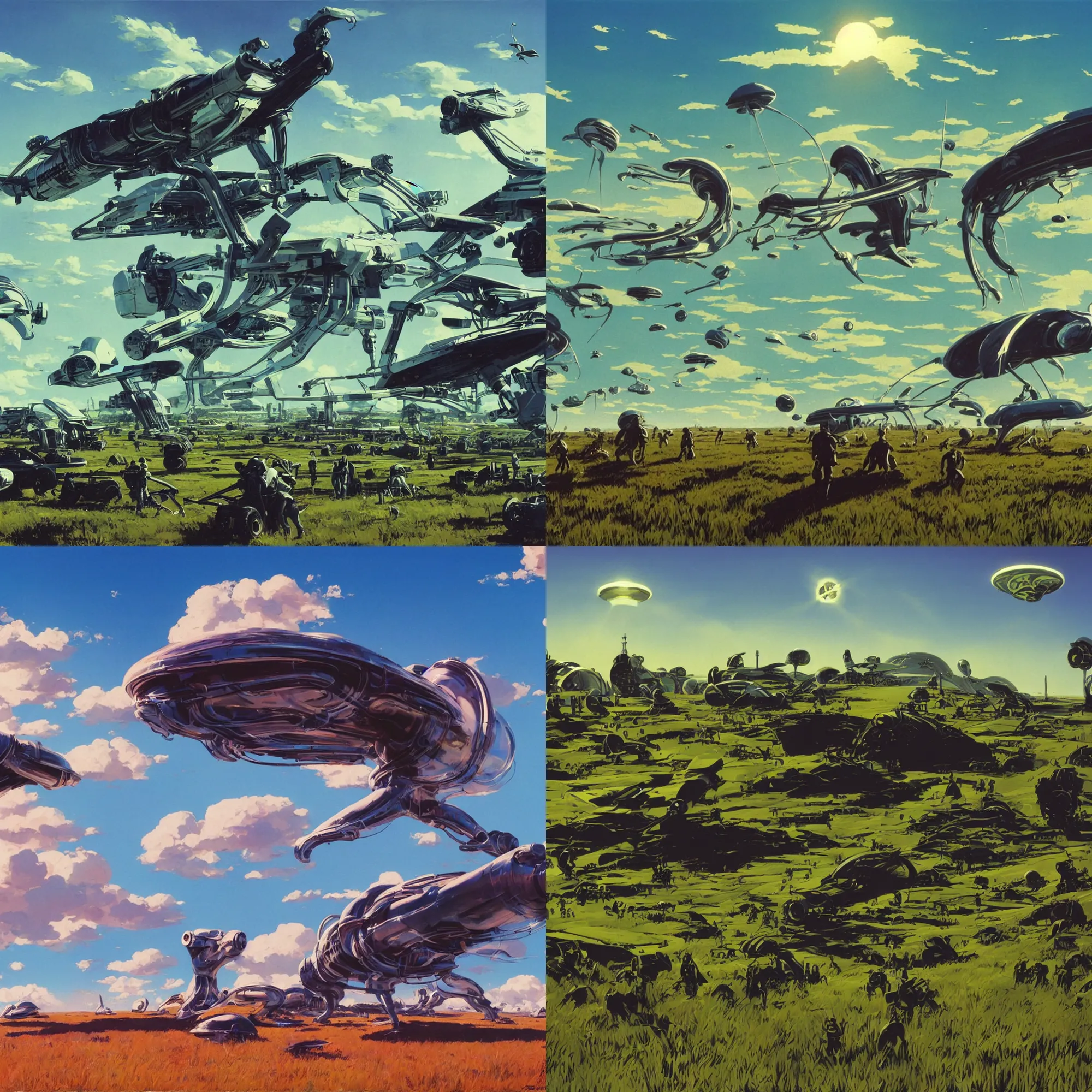 Prompt: Green grassy field on an alien world, blue sky, retrofuturism, cinematic perspective, cinematic lighting, Syd Mead