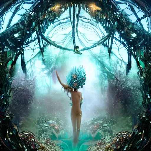 Image similar to under an intricate like jewels epic forest suspended in the air upside down, a pool with intricate and surreal epic circles of water within which float phantasmagoric robotic humanoids, dressed in intricate veils and jewels, epic environment, matte painting, diffused lighting, highly detailed, cinematic, epic atmosphere, digital art, trending on artstation, depth of field, wide angle