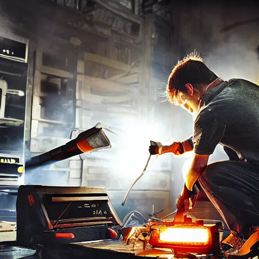 Image similar to cyborg toaster oven repairman, dark messy smoke - filled cluttered workshop, dark, dramatic lighting, orange tint, sparks, plasma rays, cinematic, highly detailed, sci - fi, futuristic, movie still