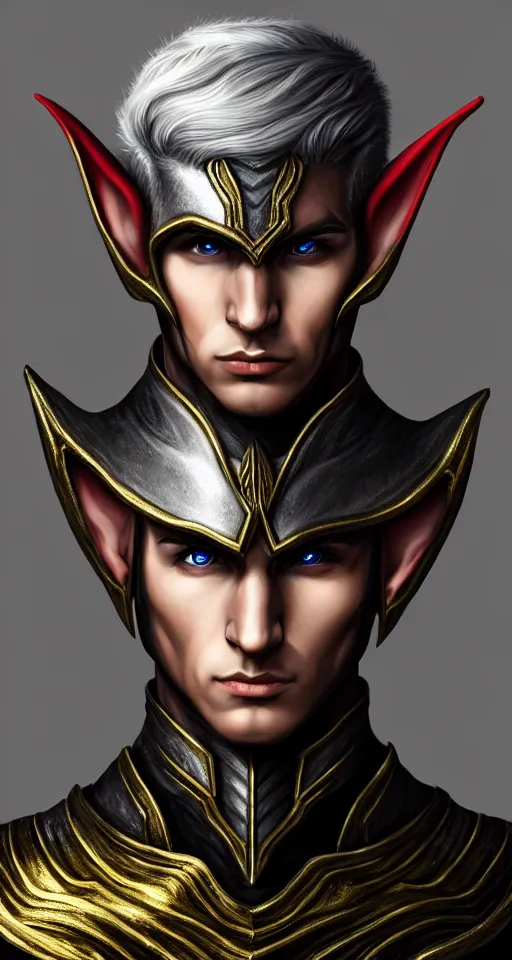 Image similar to A medium shot portrait of a male elf, he is about 20 years old, attractive, lean but muscular, serious composure, short silver hair, prideful look, he is wearing black heavy armor with gold plating and a red cape, highly detailed portrait, digital painting, ArtStation, concept art, smooth, sharp focus illustration, ArtStation HQ