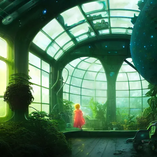 Prompt: , little child and grandma in sci - fi green house, spaceship, plants, stephen bliss, misty, unreal engine, pixar, fantasy art by greg rutkowski, loish, ferdinand knab, and lois van rossdraws, global illumination, radiant light, minimalist, detailed and intricate environment