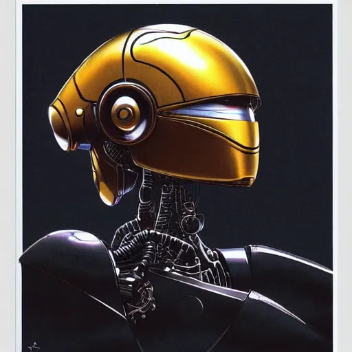 Prompt: a simple concept art of an amazingly designed robot with a modern helmet. an award winning yoshitaka amano poster. a masterpiece by james gurney. deep color.