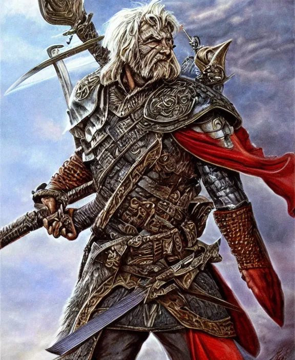 Image similar to battle - worn warrior with legendary sword, fantasy, man, cool armour, intricate, highly detailed, digital painting, artstation, concept art, wallpaper, smooth, sharp focus, illustration, art by larry elmore, jeff easley, clyde waldwell, keith parkinson, daniel r horne