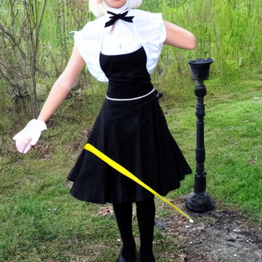 Prompt: marisa kirisame is young witch with blonde hair and yellow eyes, wearing black vest and skirt, white waist apron and undershirt, and black witch hat with white bow