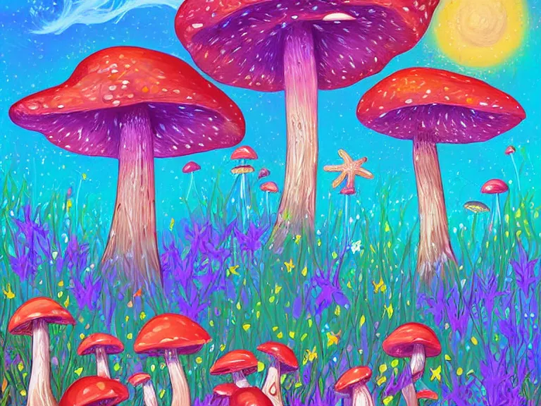 Image similar to digital painting detailed beach and shoreline starfish magical forest flowers mushrooms painted by jeremiah ketner