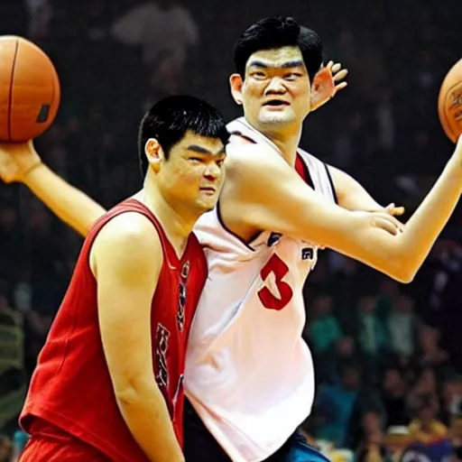 Image similar to yaoming is taking up earth as a basketball